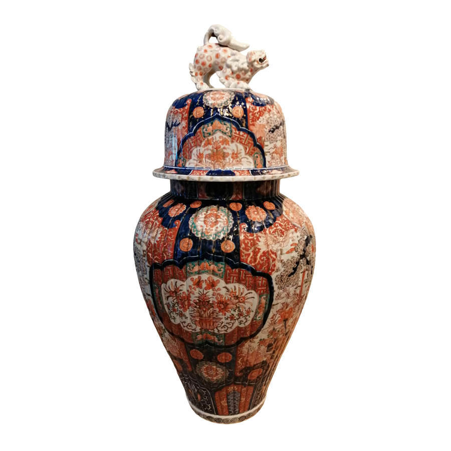 Large Imari covered jar with foo-dog finial in stock at Mere Antiques, Topsham